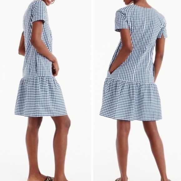 Universal Standard x J. Crew Gingham Drop Waist Dress Blue White Small M2 - Picture 2 of 9